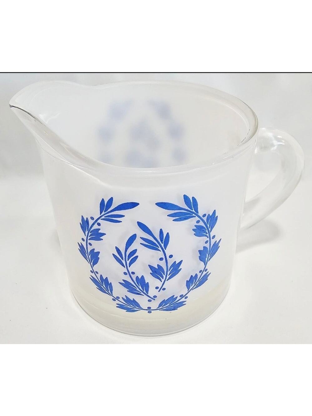 Vintage Bartlett-Collins Frosted Glass Creamer Cup Blue Wreath Floral Design